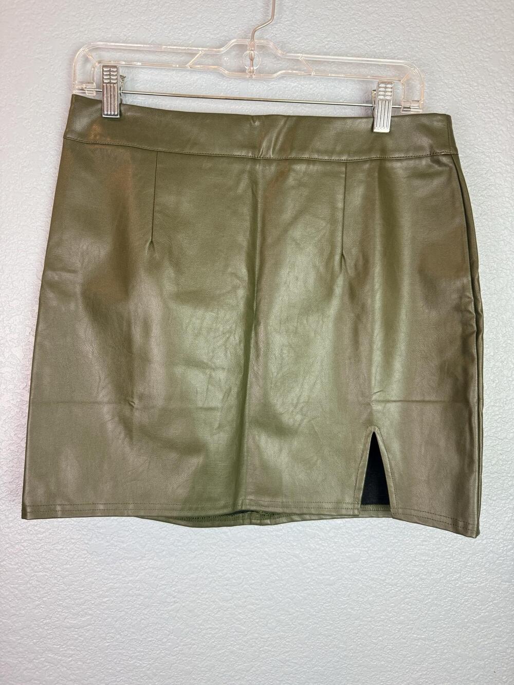 Lulus Corte Skirt Womens Medium Olive Green Vegan Leather Mini Slit Lined